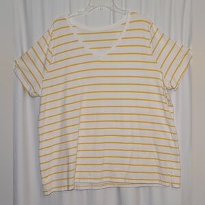 AVA & VIV Tee White w/yellow Striped V-Neck Top